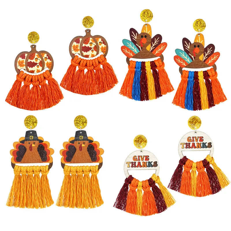 Wholesale 2 Pairs/pack Thanksgiving Braided Tassel Turkey Pumpkin Earrings
