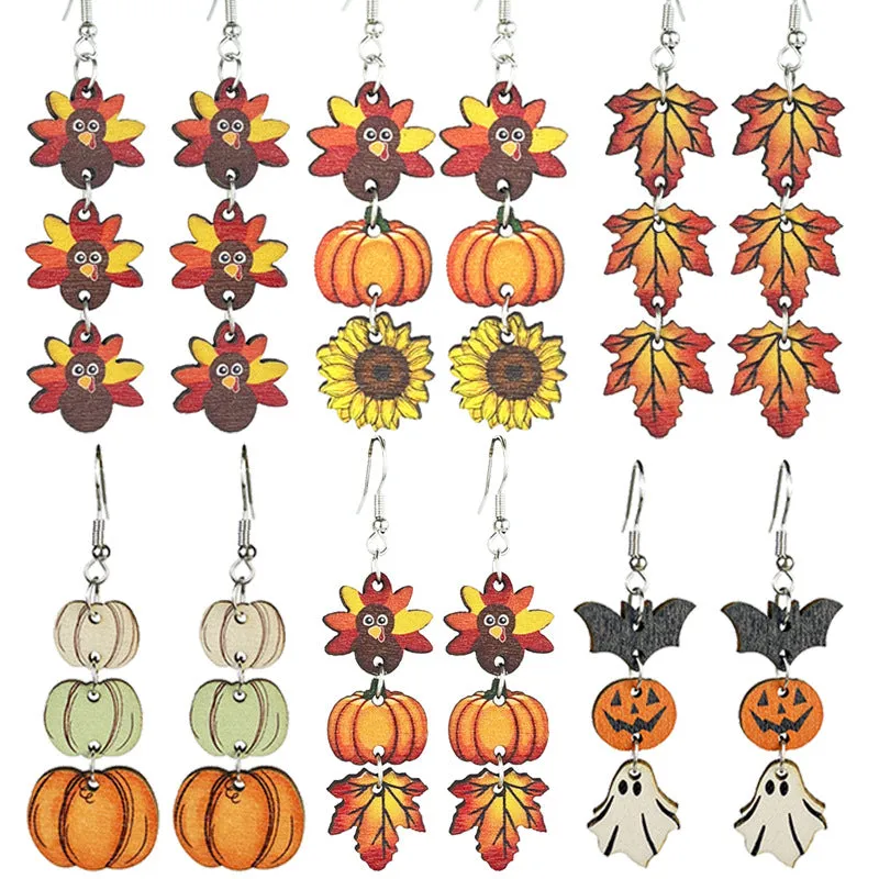Wholesale 2 Pairs/pack Thanksgiving Wooden Multi-Element Turkey Pumpkin Maple Leaf Chinese Restaurant Autumn Vibe Earrings