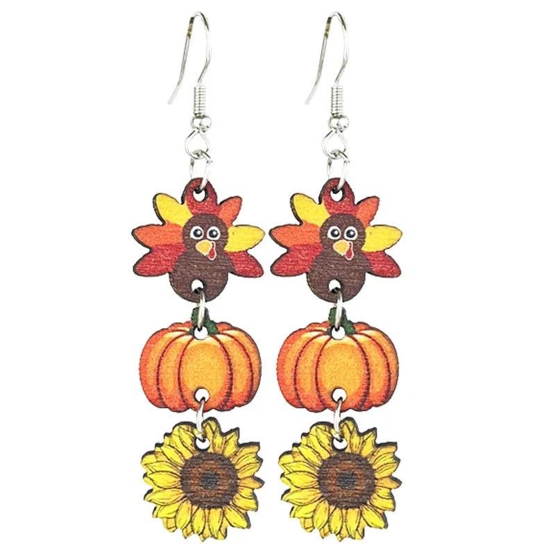Wholesale 2 Pairs/pack Thanksgiving Wooden Multi-Element Turkey Pumpkin Maple Leaf Chinese Restaurant Autumn Vibe Earrings