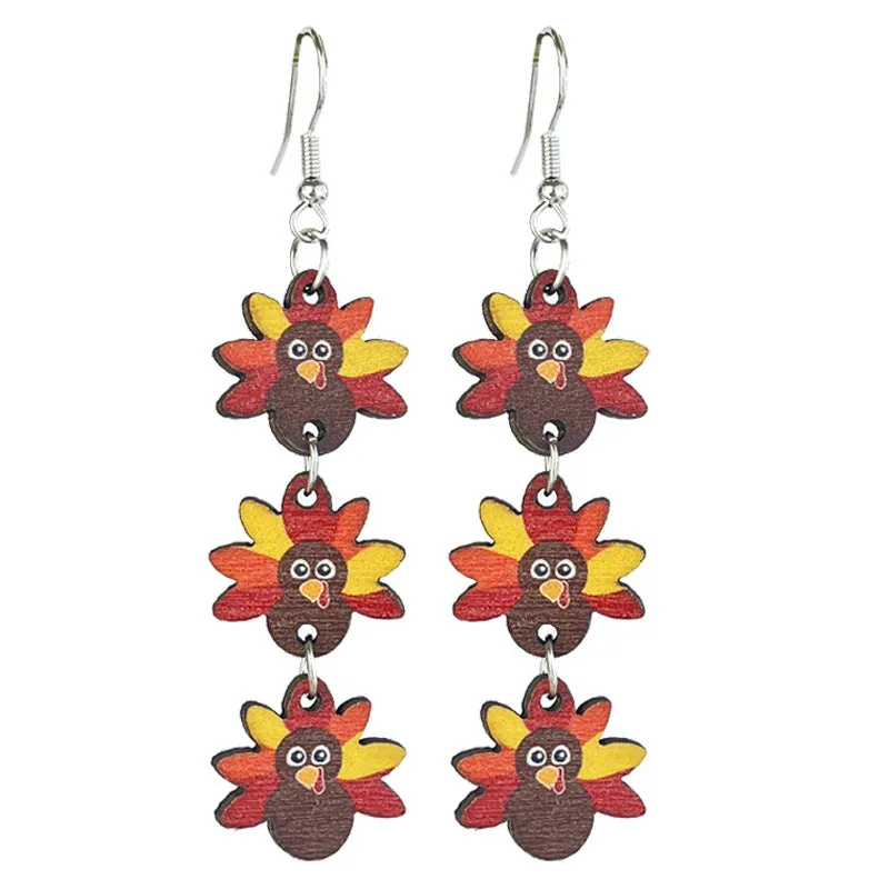 Wholesale 2 Pairs/pack Thanksgiving Wooden Multi-Element Turkey Pumpkin Maple Leaf Chinese Restaurant Autumn Vibe Earrings
