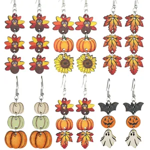 Wholesale 2 Pairs/pack Thanksgiving Wooden Multi-Element Turkey Pumpkin Maple Leaf Chinese Restaurant Autumn Vibe Earrings