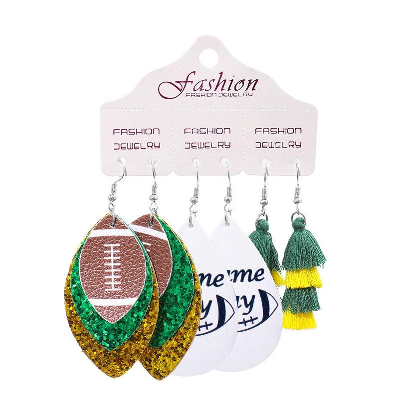 Wholesale 2 Sets Christmas Football Rugby Softball Multi-layer Teardrop Tassel Set PU Leather Earrings