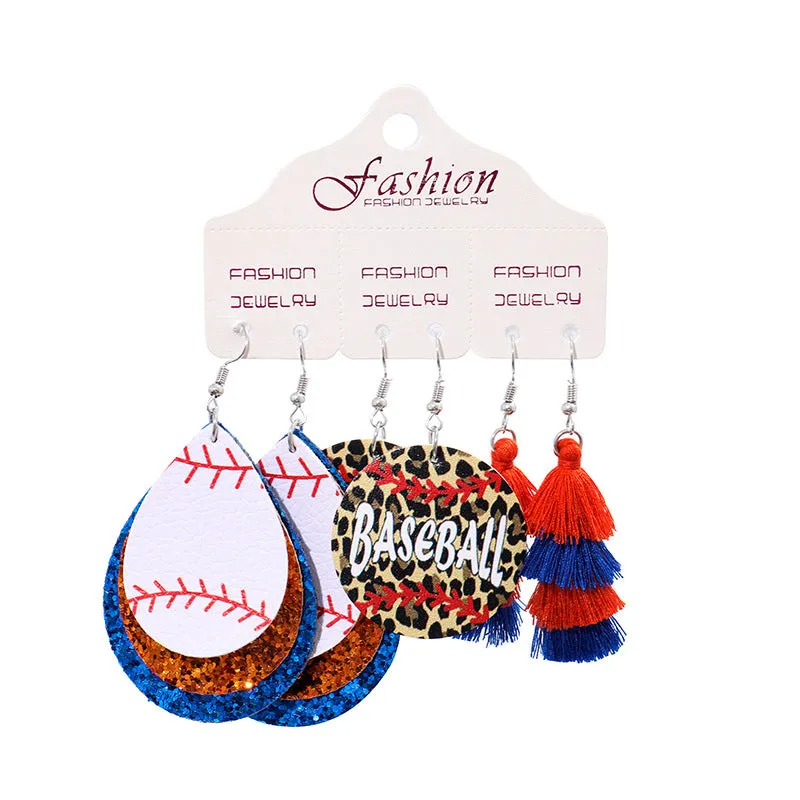 Wholesale 2 Sets Christmas Football Rugby Softball Multi-layer Teardrop Tassel Set PU Leather Earrings