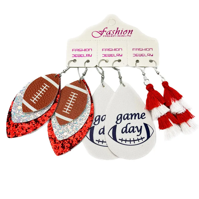 Wholesale 2 Sets Christmas Football Rugby Softball Multi-layer Teardrop Tassel Set PU Leather Earrings