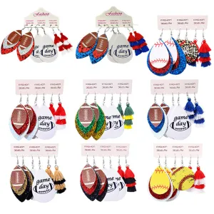Wholesale 2 Sets Christmas Football Rugby Softball Multi-layer Teardrop Tassel Set PU Leather Earrings