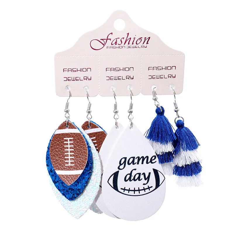 Wholesale 2 Sets Christmas Football Rugby Softball Multi-layer Teardrop Tassel Set PU Leather Earrings