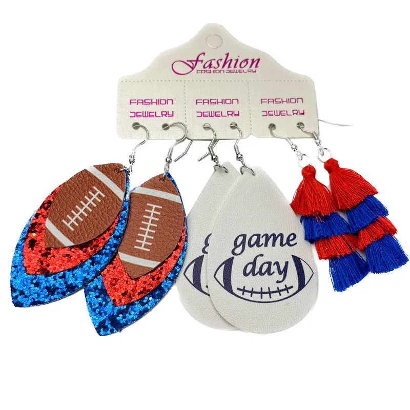 Wholesale 2 Sets Christmas Football Rugby Softball Multi-layer Teardrop Tassel Set PU Leather Earrings