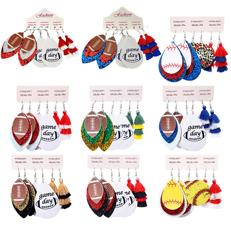 Wholesale 2 Sets Christmas Football Rugby Softball Multi-layer Teardrop Tassel Set PU Leather Earrings