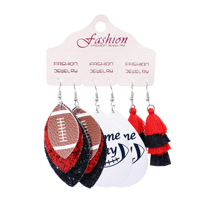 Wholesale 2 Sets Christmas Football Rugby Softball Multi-layer Teardrop Tassel Set PU Leather Earrings