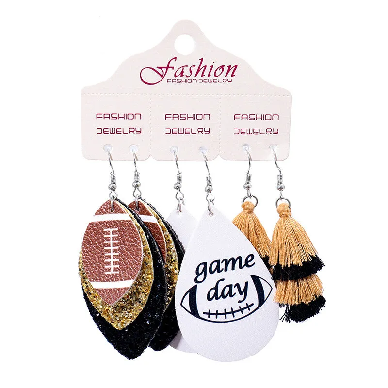 Wholesale 2 Sets Christmas Football Rugby Softball Multi-layer Teardrop Tassel Set PU Leather Earrings