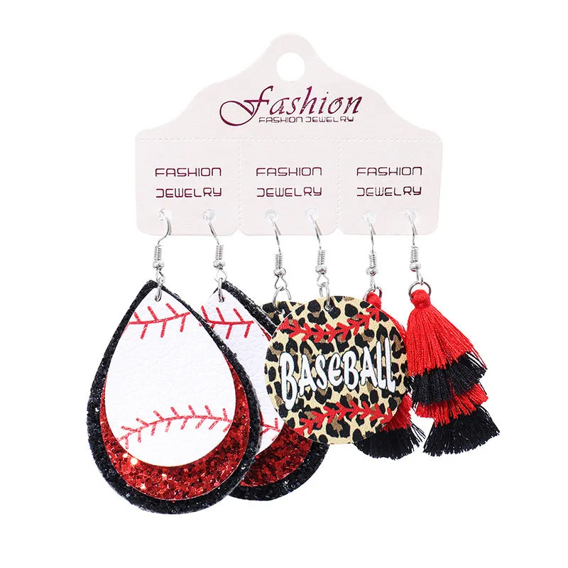 Wholesale 2 Sets Christmas Football Rugby Softball Multi-layer Teardrop Tassel Set PU Leather Earrings