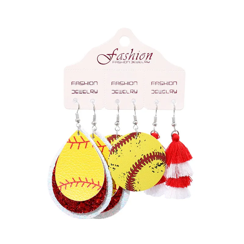 Wholesale 2 Sets Christmas Football Rugby Softball Multi-layer Teardrop Tassel Set PU Leather Earrings