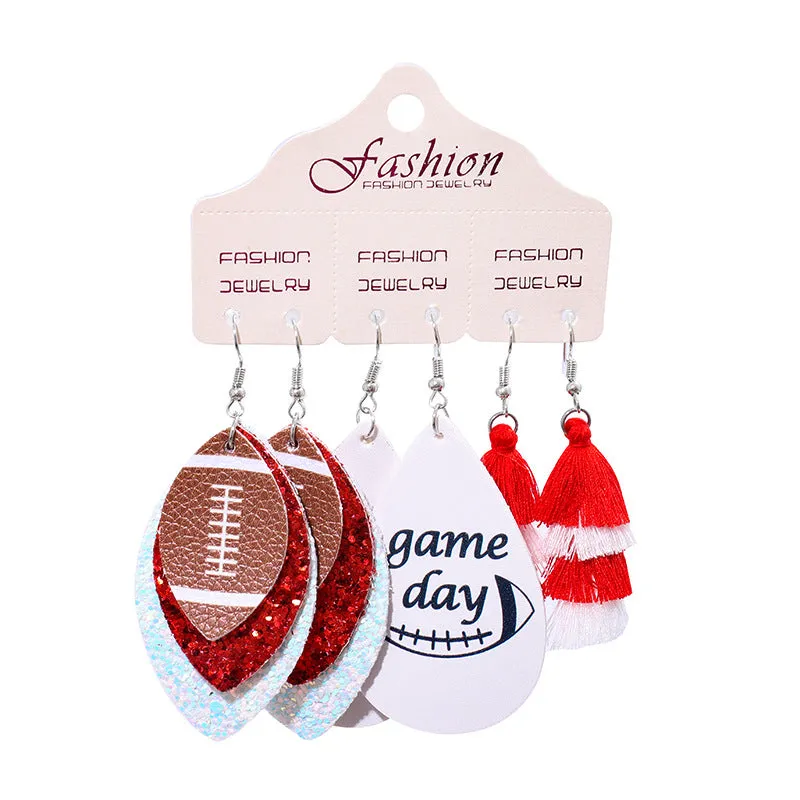 Wholesale 2 Sets Christmas Football Rugby Softball Multi-layer Teardrop Tassel Set PU Leather Earrings