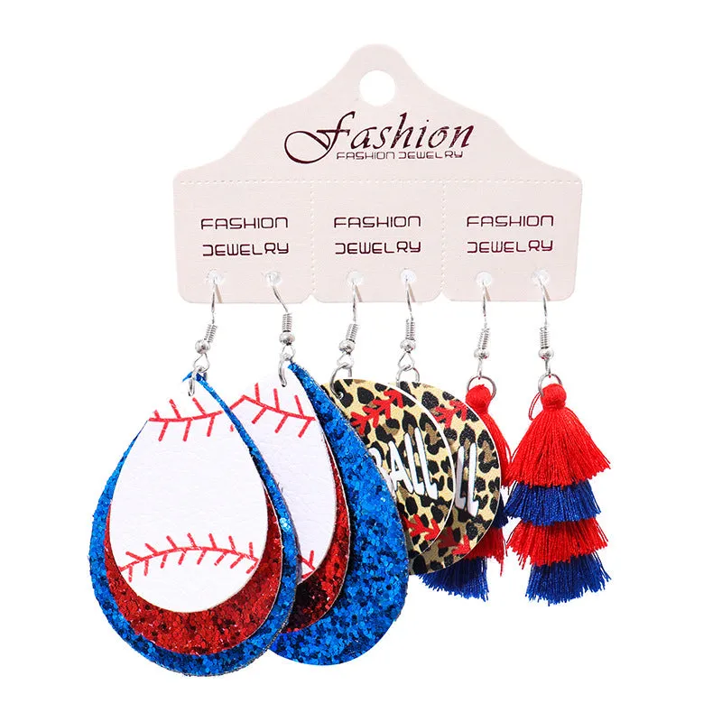 Wholesale 2 Sets Christmas Football Rugby Softball Multi-layer Teardrop Tassel Set PU Leather Earrings