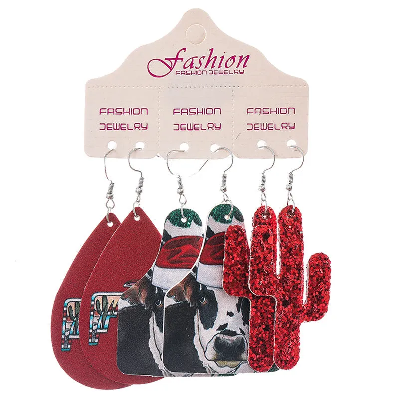 Wholesale 2 Sets Christmas Set Bull Head Cactus Sunflower Horseshoe Water Drop PU Leather Earrings