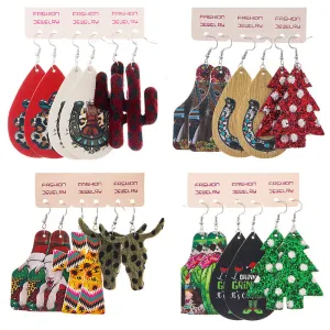 Wholesale 2 Sets Christmas Set Bull Head Cactus Sunflower Horseshoe Water Drop PU Leather Earrings