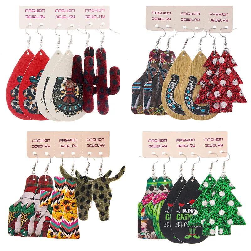 Wholesale 2 Sets Christmas Set Bull Head Cactus Sunflower Horseshoe Water Drop PU Leather Earrings