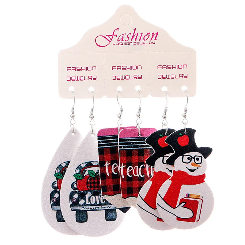 Wholesale 2 Sets Christmas Set Snowflake Snowman Teardrop PU Leather Earrings