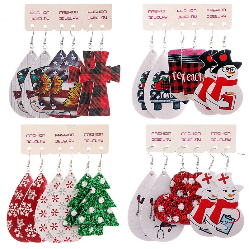 Wholesale 2 Sets Christmas Set Snowflake Snowman Teardrop PU Leather Earrings