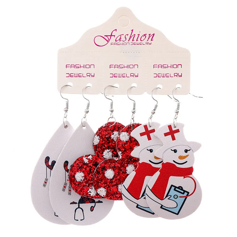 Wholesale 2 Sets Christmas Set Snowflake Snowman Teardrop PU Leather Earrings
