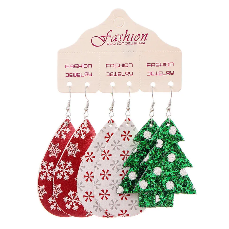 Wholesale 2 Sets Christmas Set Snowflake Snowman Teardrop PU Leather Earrings