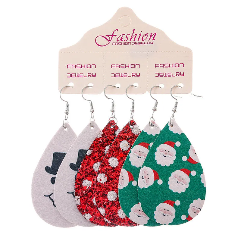 Wholesale 2 Sets Christmas Set Snowflake Snowman Teardrop PU Leather Earrings