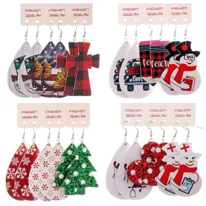 Wholesale 2 Sets Christmas Set Snowflake Snowman Teardrop PU Leather Earrings
