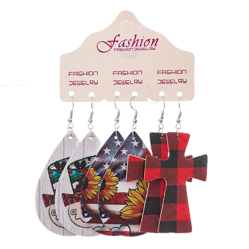 Wholesale 2 Sets Christmas Set Snowflake Snowman Teardrop PU Leather Earrings