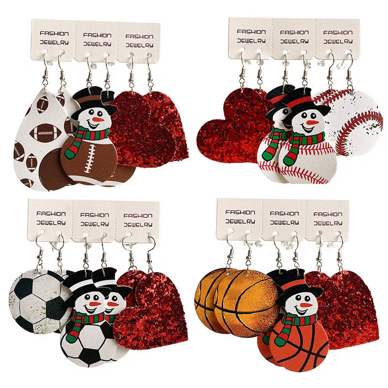 Wholesale 2 Sets Christmas Suit Western Cowboy PU Leather Water Drop Sports Snowman Earrings