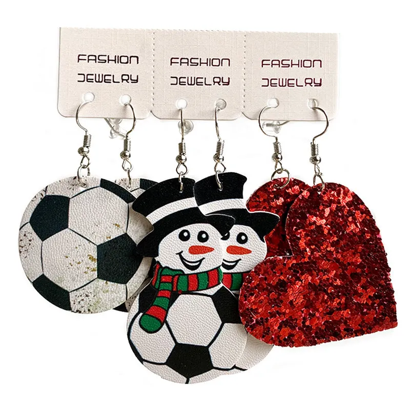 Wholesale 2 Sets Christmas Suit Western Cowboy PU Leather Water Drop Sports Snowman Earrings