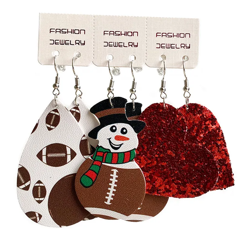 Wholesale 2 Sets Christmas Suit Western Cowboy PU Leather Water Drop Sports Snowman Earrings
