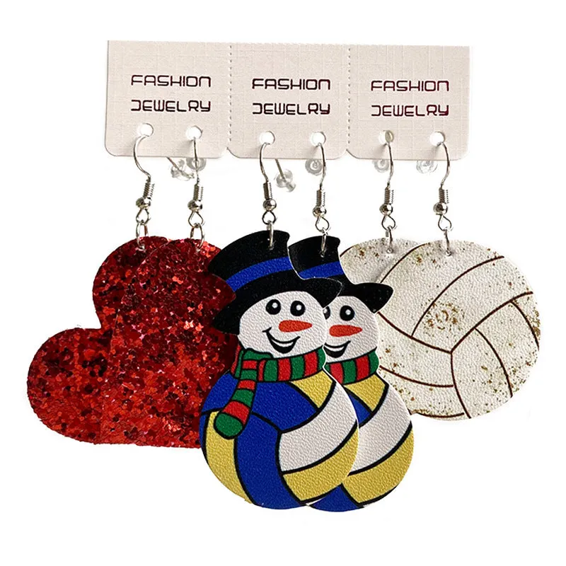 Wholesale 2 Sets Christmas Suit Western Cowboy PU Leather Water Drop Sports Snowman Earrings
