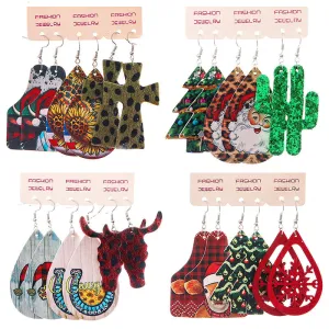 Wholesale 2 Sets Christmas Suit Western Cowboy Snowflake Sunflower PU Leather Earrings
