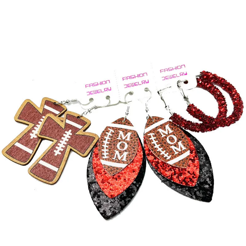 Wholesale 2 Sets Sports Rugby Field Cheer Football Cross Glitter Leather Earrings