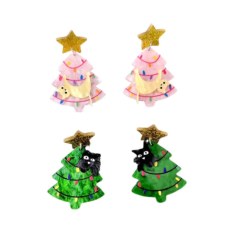 Wholesale 2024 New Kitten Acrylic Christmas Tree Earrings