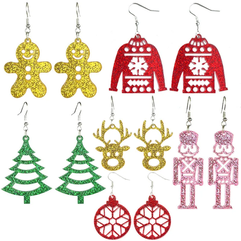 Wholesale 2pairs/pack Christmas Acrylic Sparkling Cut-out Festive Line Earrings