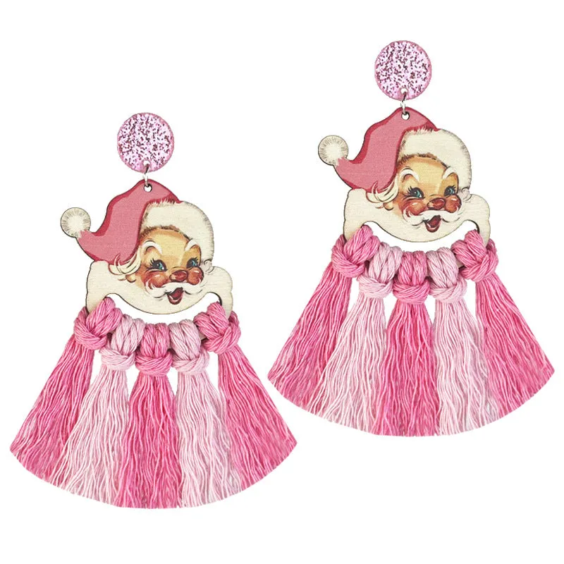 Wholesale 2pairs/pack Christmas Hand-woven Vibe Wooden Bohemian Santa Earrings