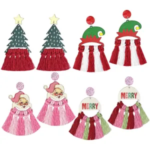 Wholesale 2pairs/pack Christmas Hand-woven Vibe Wooden Bohemian Santa Earrings