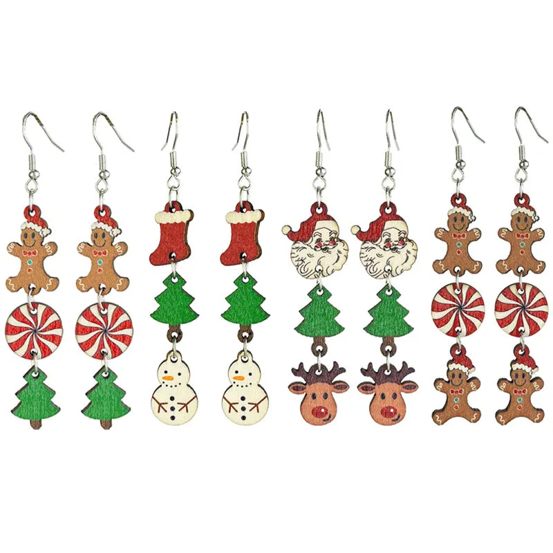 Wholesale 2pairs/pack Christmas Wooden Gingerbread Man Christmas Tree Snowman Atmosphere Fawn Drop Earrings