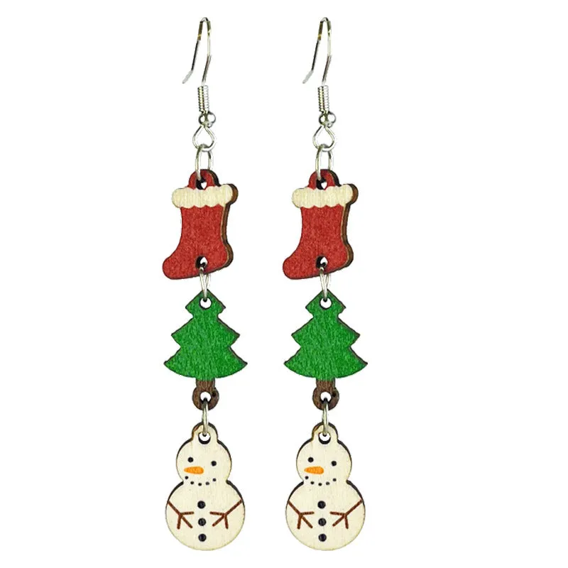 Wholesale 2pairs/pack Christmas Wooden Gingerbread Man Christmas Tree Snowman Atmosphere Fawn Drop Earrings