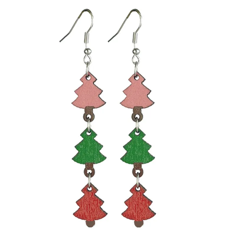 Wholesale 2pairs/pack Christmas Wooden Gingerbread Man Christmas Tree Snowman Atmosphere Fawn Drop Earrings