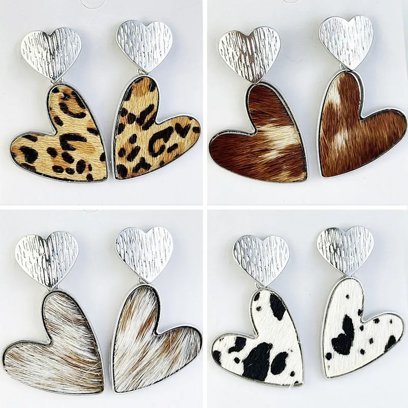 Wholesale 2Pairs/pack Double Love Fashion Western Cow Leopard Leather Earrings