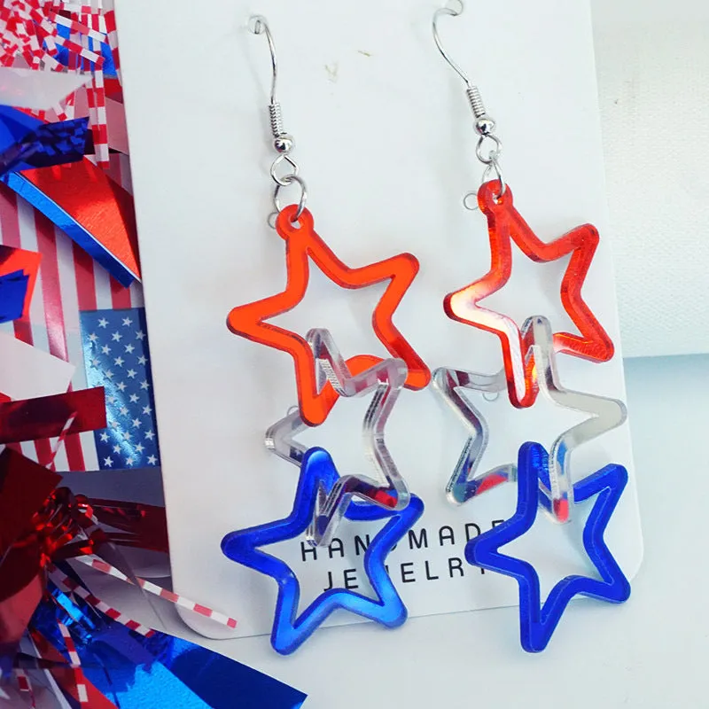 Wholesale 2Pairs/pack Independence Day 3D Rotating Mirror Love Five-pointed Star Earrings