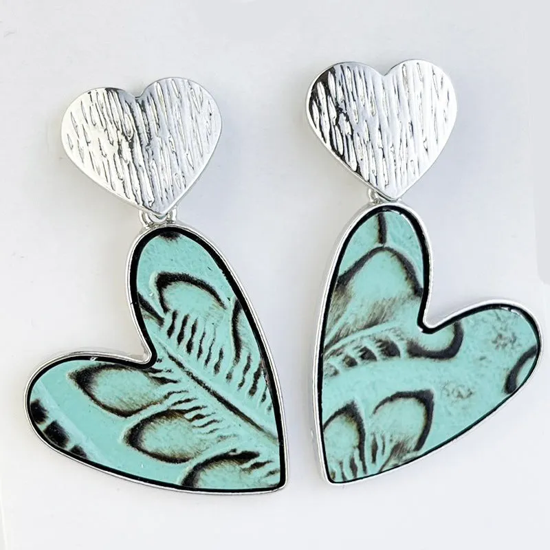 Wholesale 2Pairs/pack Metal Double Heart Embossed Textured Western Leather Earrings