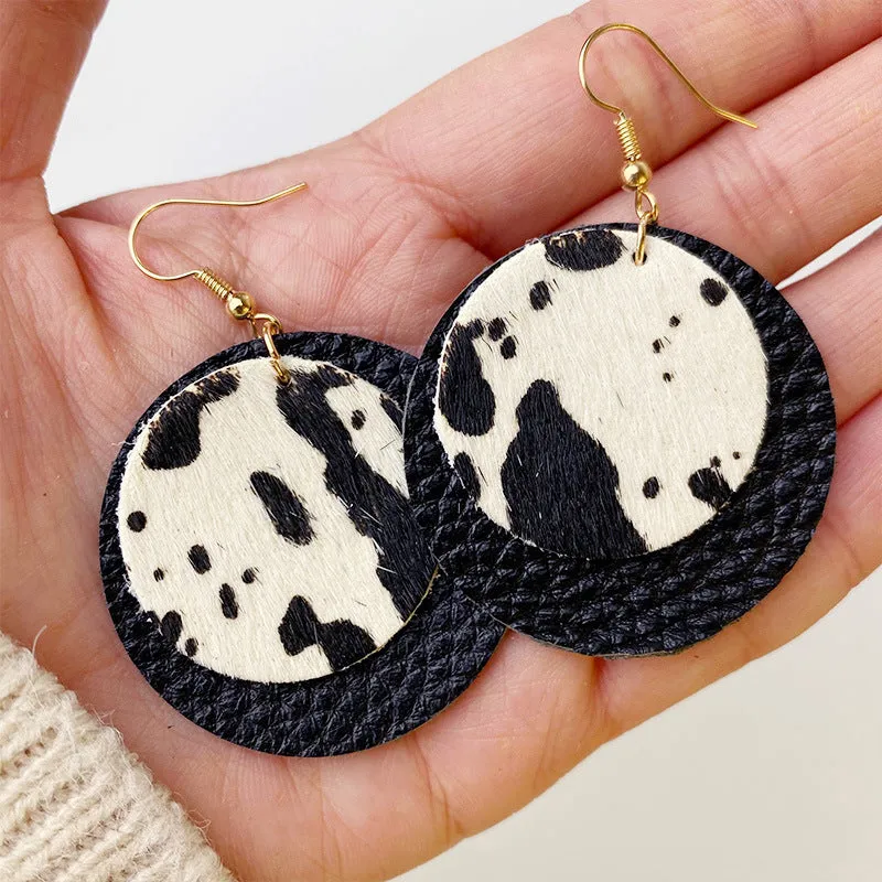 Wholesale 2pcs Cow Grain Leather Top Layer Cowhide Round Water Droplet Cow Head Retro Horsehair Quality Texture Fashionable Earrings