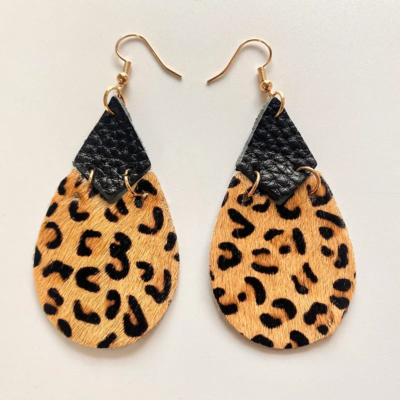 Wholesale 2pcs Cow Grain Leather Top Layer Cowhide Round Water Droplet Cow Head Retro Horsehair Quality Texture Fashionable Earrings