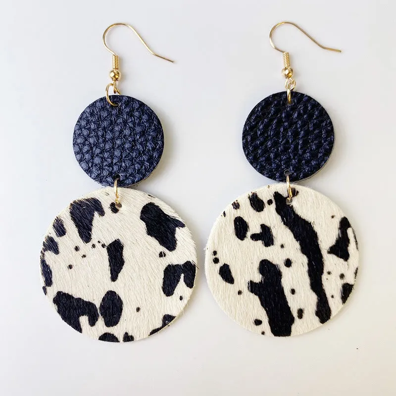 Wholesale 2pcs Cow Grain Leather Top Layer Cowhide Round Water Droplet Cow Head Retro Horsehair Quality Texture Fashionable Earrings