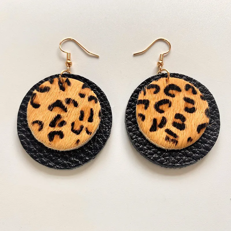 Wholesale 2pcs Cow Grain Leather Top Layer Cowhide Round Water Droplet Cow Head Retro Horsehair Quality Texture Fashionable Earrings