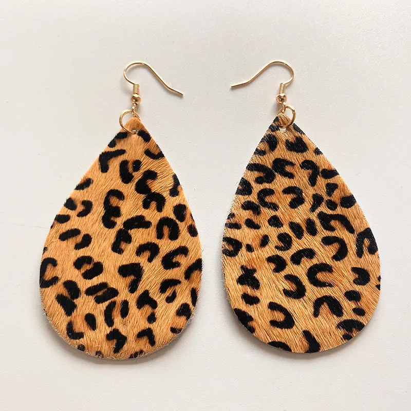 Wholesale 2pcs Cow Grain Leather Top Layer Cowhide Round Water Droplet Cow Head Retro Horsehair Quality Texture Fashionable Earrings