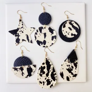 Wholesale 2pcs Cow Grain Leather Top Layer Cowhide Round Water Droplet Cow Head Retro Horsehair Quality Texture Fashionable Earrings